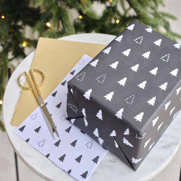 Wrap - Merry Christmas Tree Print - Black, White and Kraft