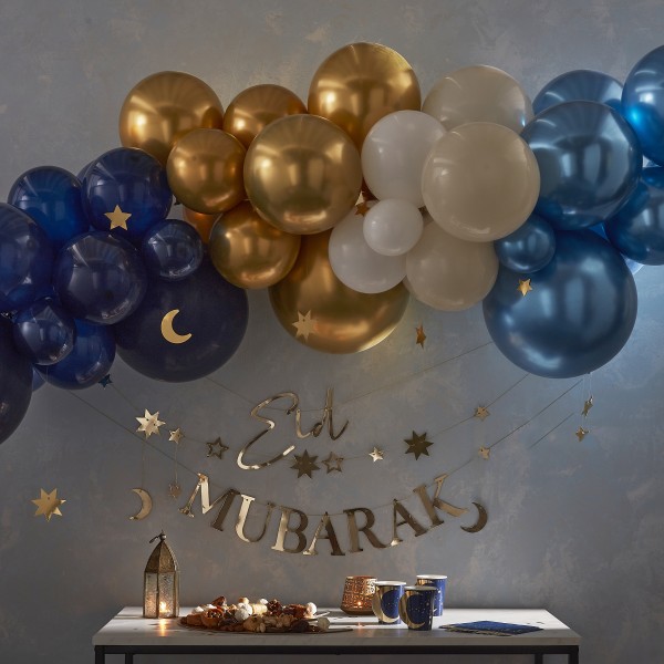 1 Balloon Garland - Mixed Chromes with Hanging Moons &amp; Stars - Navy, Gold &amp; White