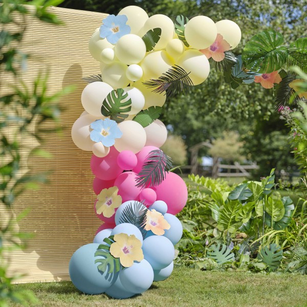 Balloon Arch - Blue, Pinks, Green &amp; Yellow with Paper &amp; Faux Foliage
