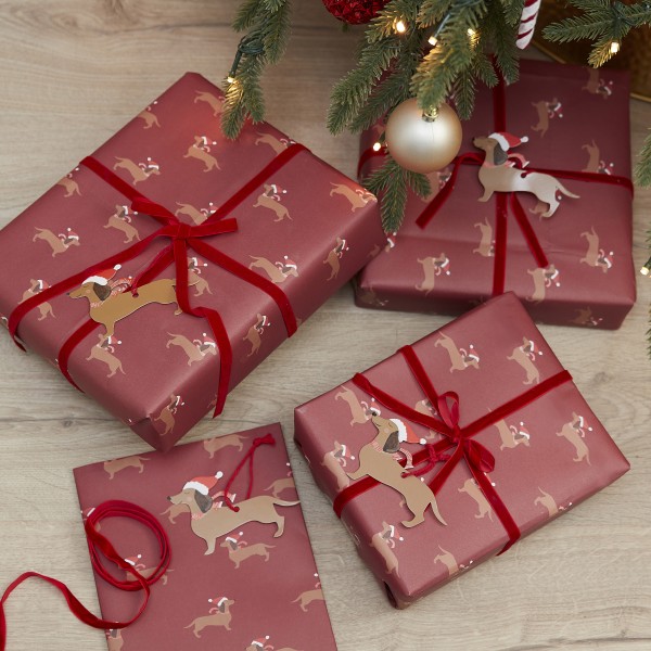 5 Gift Wrap Kit - Festive Sausage Dog Wrap Kit - Wrap, Ribbon &amp; Tag