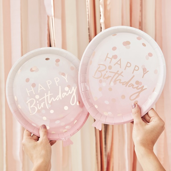 8 Rose Gold Foiled Confetti Balloon Shaped Plates Pack