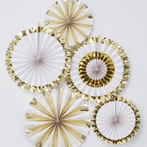 5 Fan Decorations - Gold and White - 5PK