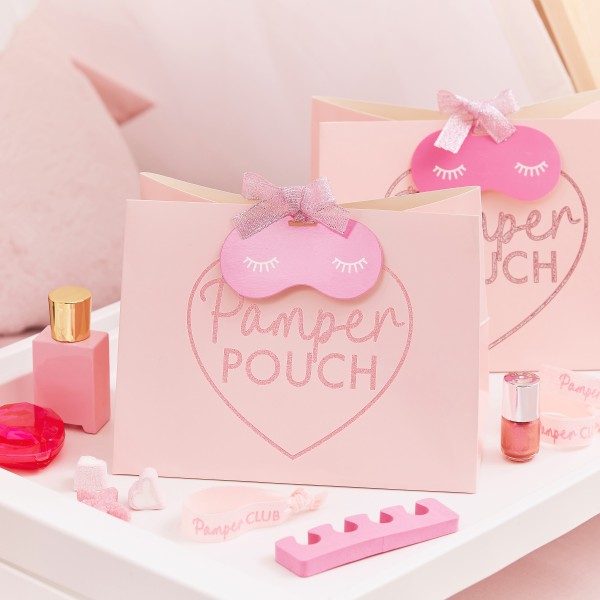 5 Pink Glitter Pamper Pouch with Eye Mask Shaped Tag and Pink Ribbon