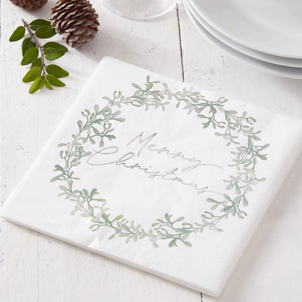 16 Paper Napkins - Merry Christmas Mistletoe Weath - Silver Foiled