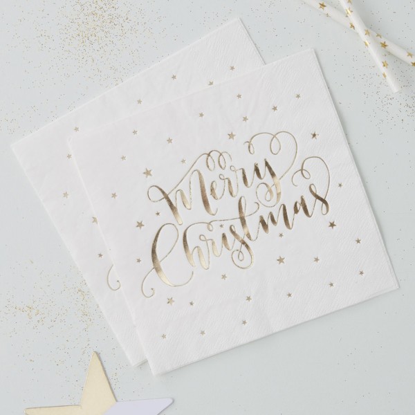 20 Paper Napkins - Foiled - Merry Christmas - Gold