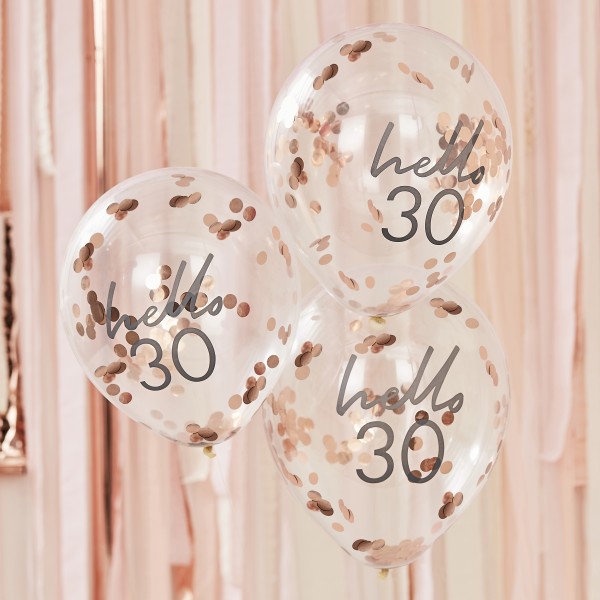 5 Rose Gold Confetti Filled &#039;Hello 30&#039; Balloons