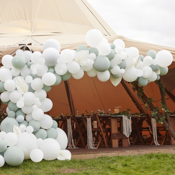 1 Balloon Arch - White &amp; Sage Latex with White Fans