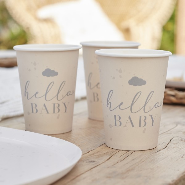 8 Eco Paper Cups - Hello Baby Speckle - Cream &amp; Grey