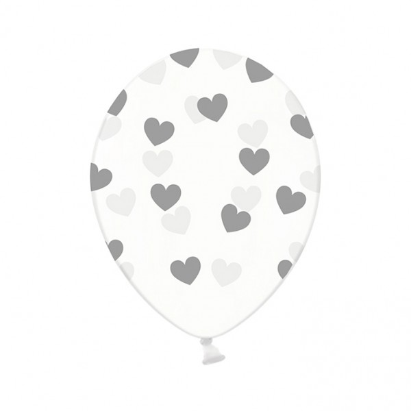 6 Motivballons Clear - Ø 30cm - Hearts - Silber