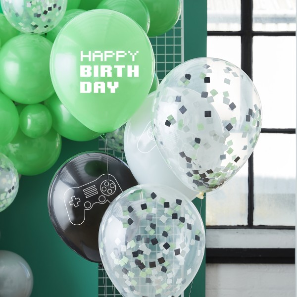 5 Balloon Bundle - Controller Confetti and Controller Printed - Grey, Green &amp; Black