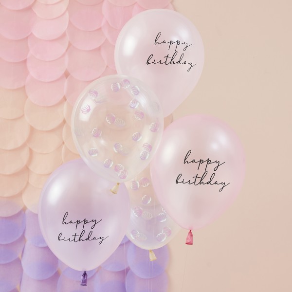 5 Balloon Bundle - Shell Confetti and Happy Birthday Printed Chrome Balloons with Tissue Tassel Tail