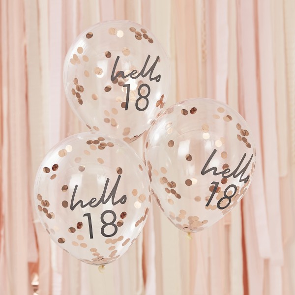 5 Rose Gold Confetti Filled &#039;Hello 18&#039; Balloons