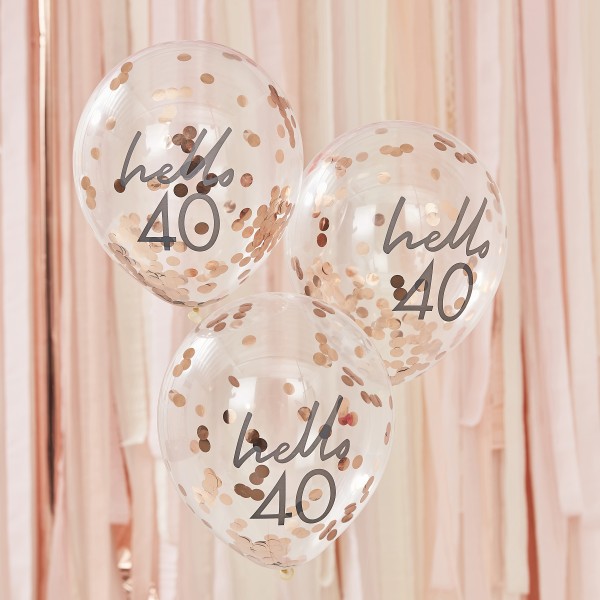 5 Rose Gold Confetti Filled &#039;Hello 40&#039; Balloons