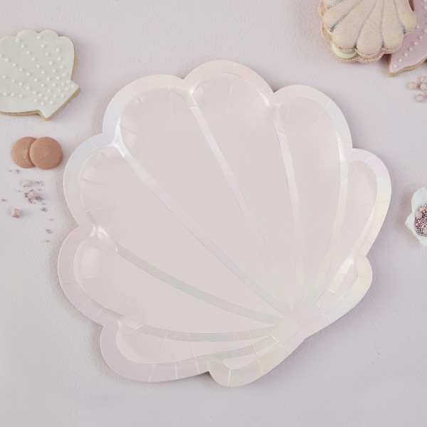 8 Paper Plate - Shell Shaped Plate - Pink and Iridescent