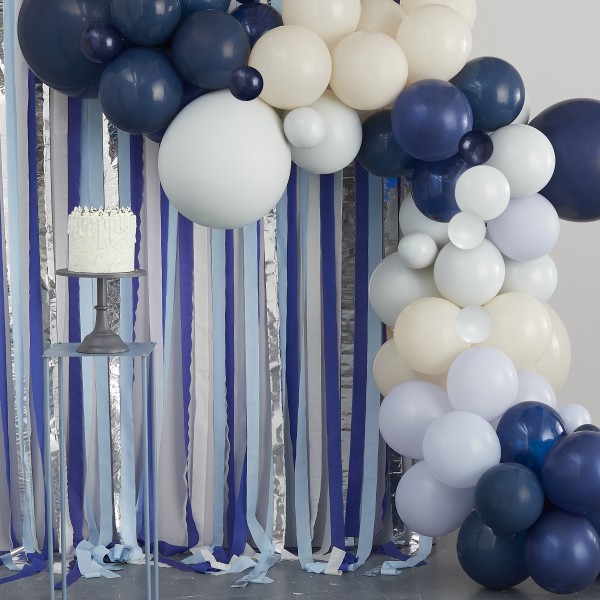1 Balloon Backdrop - Balloon Arch and Streamers - Blue and cream