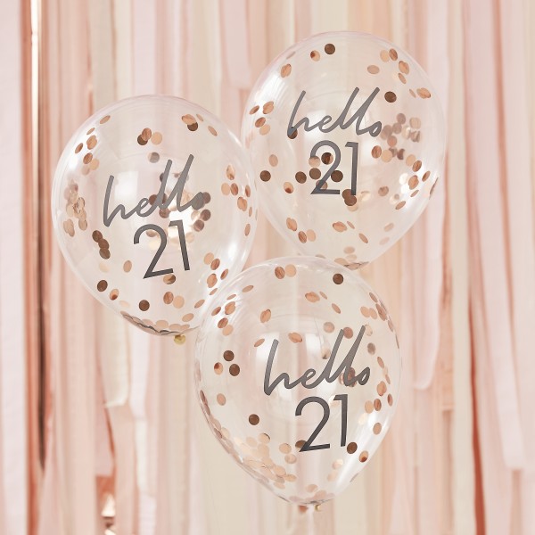 5 Rose Gold Confetti Filled &#039;Hello 21&#039; Balloons