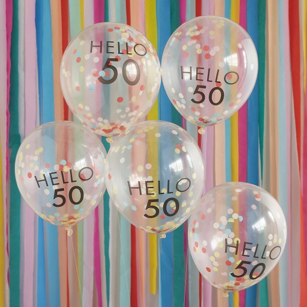 5 Hello 50 Milestone Balloons - Brights