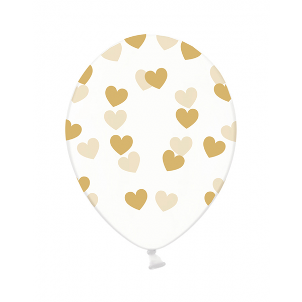 6 Motivballons Clear - Ø 30cm - Hearts - Gold