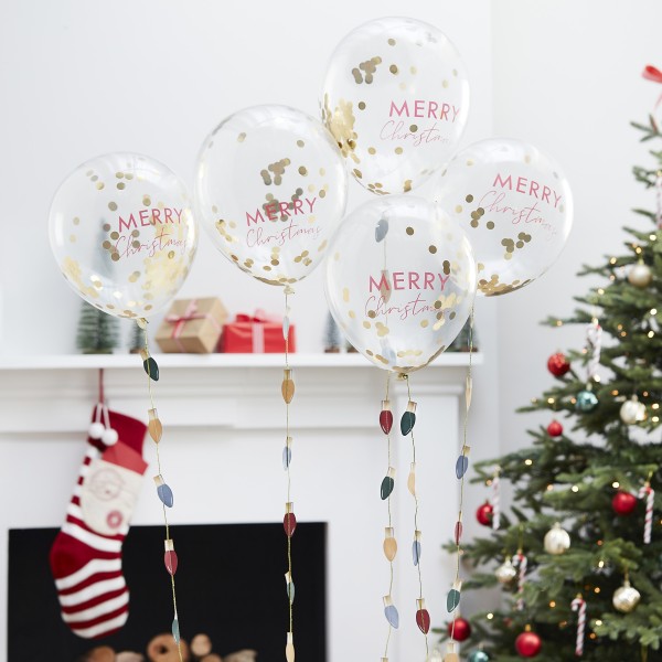 5 Balloons - Merry Christmas - Confetti Filled and Light bulb tail